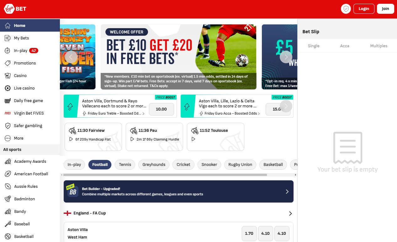 Virgin bet website home page